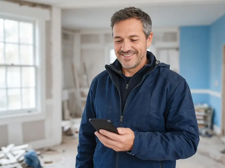 Contractor smiling at his phone on a renovation site